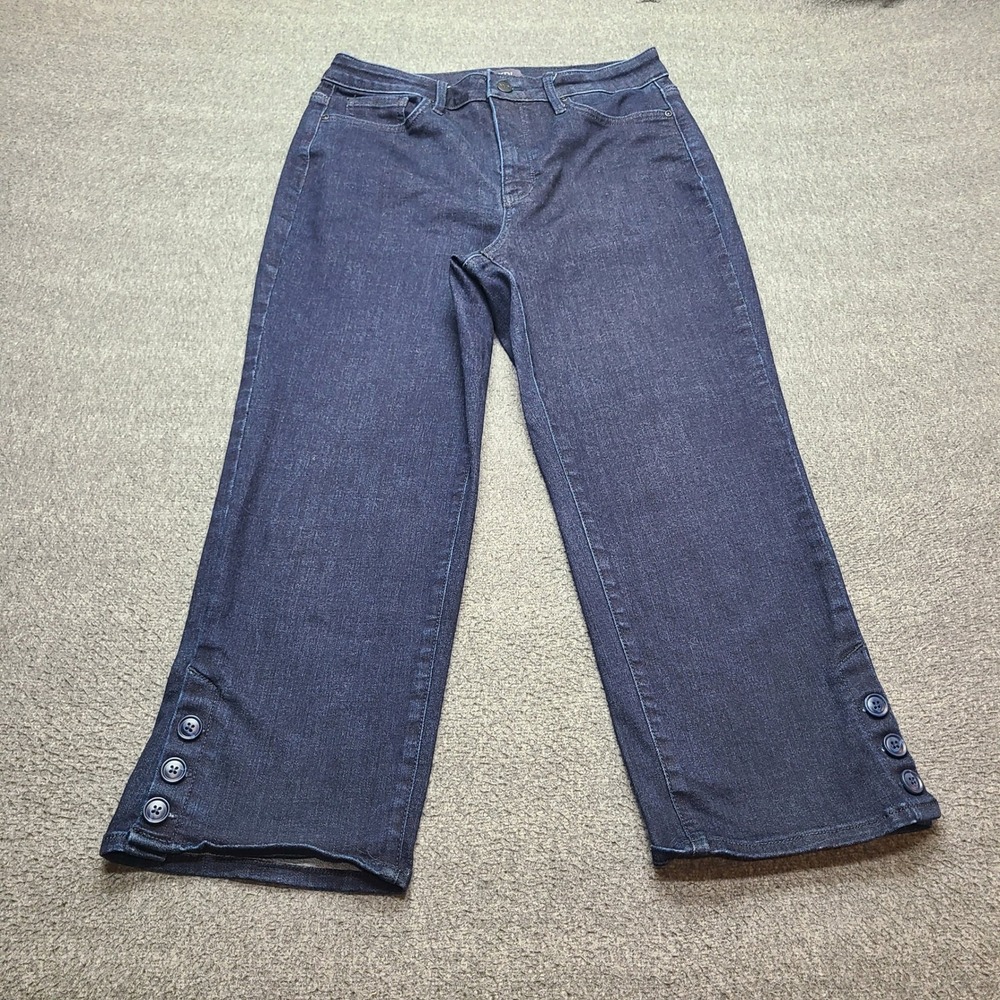 NYDJ Joni Capri Jeans Womens 8 Dark Blue Excellent Button Hem High Rise‎ Stretch